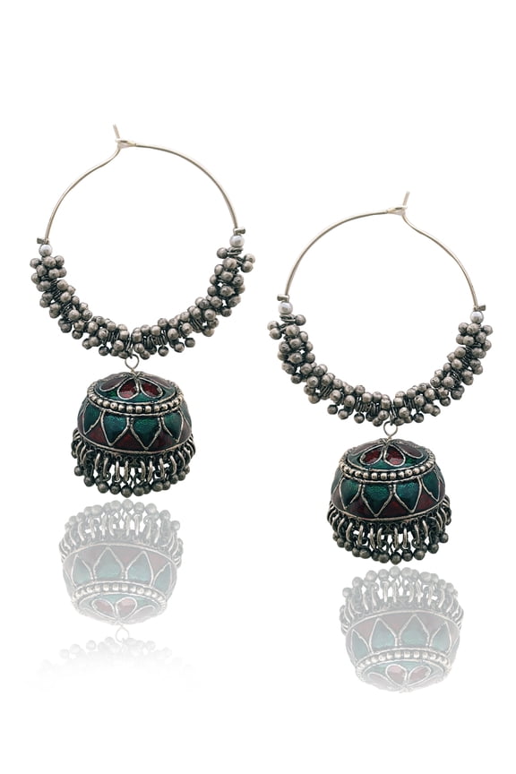 Moonstruck Oxidized Hoops With Meenakari jhumkas For Women (Green)