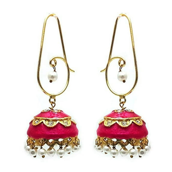 Moonstruck Traditional Indian Golden Minakari Jhumka Earrings With Stones And Pearls for Women (Pink)