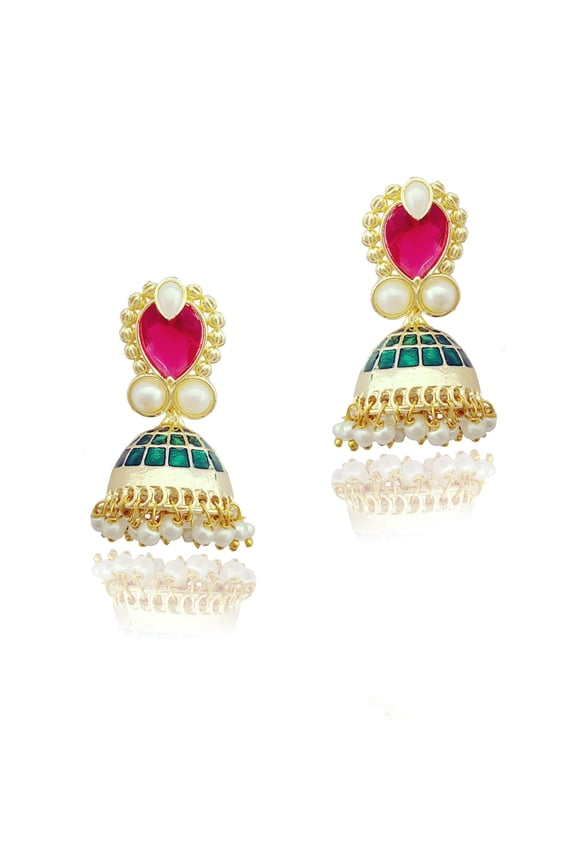 Moonstruck Traditional Indian Golden Minakari Jhumka Earrings With Stones And Pearls for Women (Pink)