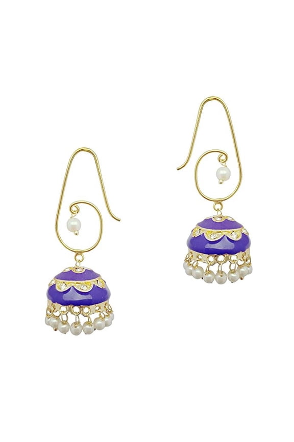 Moonstruck Traditional Indian Golden Minakari Jhumka Earrings With Stones And Pearls for Women (Purple)