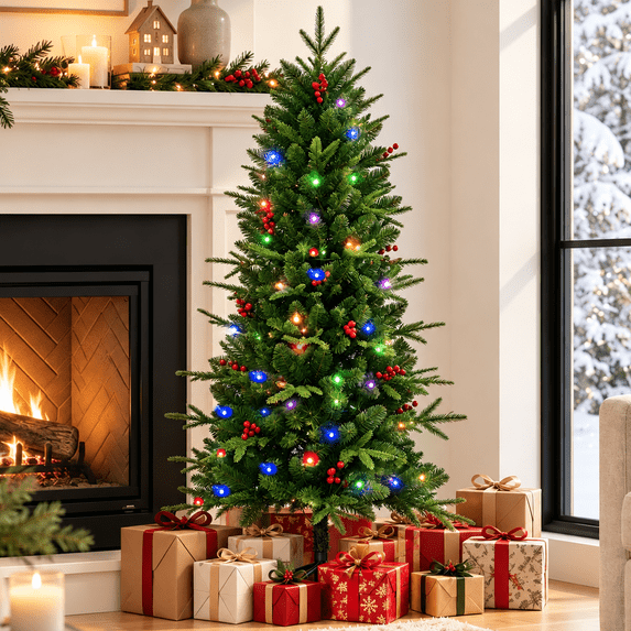 Moonsun 4.5ft Pre-Lit Christmas Tree, 350 PE & PVC Tips, Full Artificial Tree with 120 Warm White & Multicolor Lights, 50 Red Berries, Metal Stand for Home Office Holiday Decor