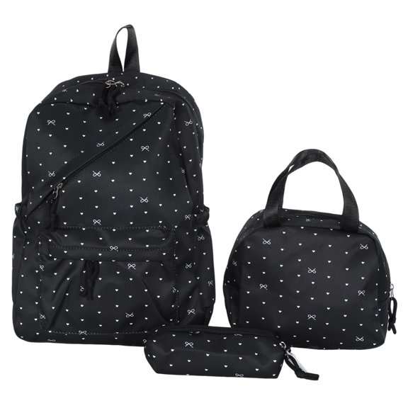 Moontgen 3pcs Women Nylon Bow Backpack Large Capacity Cute Kawaii Backpack Set with Lunch Pack Casual Travel Daypacks for Travel Outings Picnics Recreational Activities (Black 420*300*130)