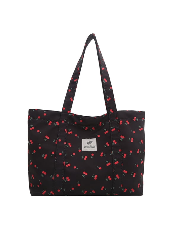 Cute Cherry Print Shoulder Bag Large Capacity Shopping Bag for Women (Black)