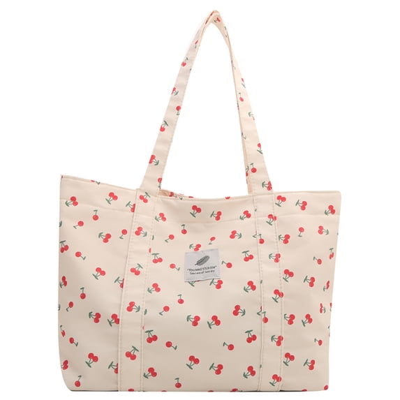 Moontgen Cute Cherry Print Shoulder Bag Large Capacity Shopping Bag for Women (White)