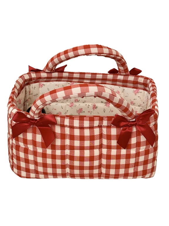 Fabric Boho Tote Organizer with Handles Portable Storage Bag Large Capacity Laundry Hamper for Picnic Shopping Travel Car Bedroom (S Red)