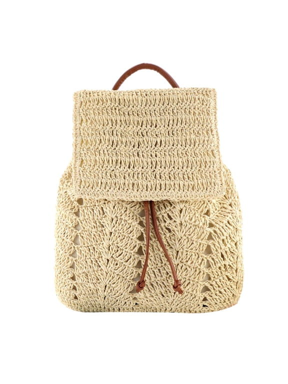 Fashion Straw Shoulders Backpack Hand-woven Women Beach Bucket Bag (Beige)