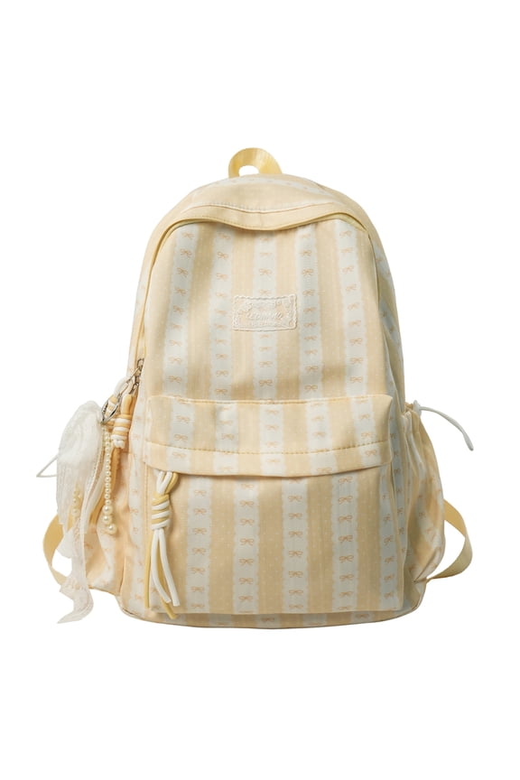 Nylon Bow Printed Travel Casual Backpack Large Capacity Preppy Bow Backpack with Computer Compartment for Teens Girls Students (Yellow)