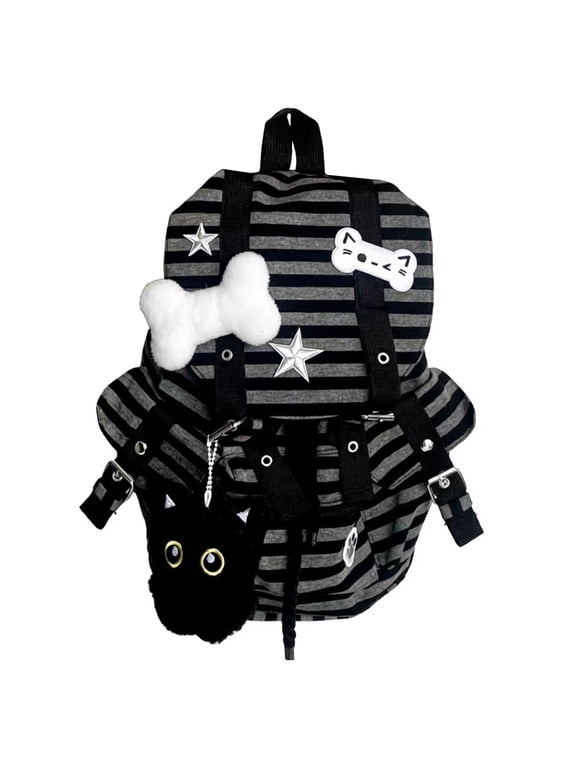 Vintage Striped Backpack Large Capacity Y2k Drawstring Bags Multi-pocket Casual Stripe Bookbags Outdoor Travel Commute Backpacks (Black)