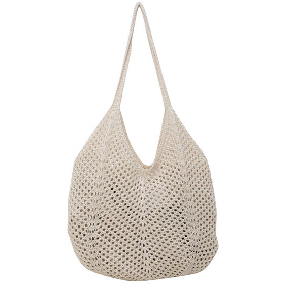 Moontgen Women Knitting Shoulder Bag Hollow Out Large Capacity Crochet Tote Bag (Beige)