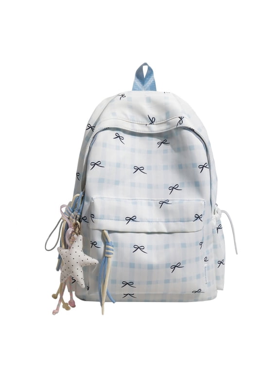 Women Nylon Aesthetic Backpack Bowknot Checkered Aesthetic Daypack School Backpack Cute Bows Bookbag for Girl Casual High School College (Blue)