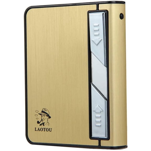 Moonwbak Cigarette Case Lighter, Multifunction Cigarette Box Holder USB Electric Rechargeable Cigar Lighter,Push Out Cigarette Holder with Electric Torch (Gold-Black)