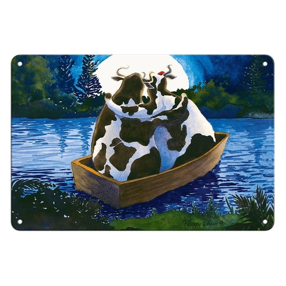 Moooon River - Two Hawaiian Cows in Love Gazing at Full Moon - From an Original Hawaii Watercolor Painting by Peggy Chun - 8 x 12 inch Vintage Metal Tin Sign
