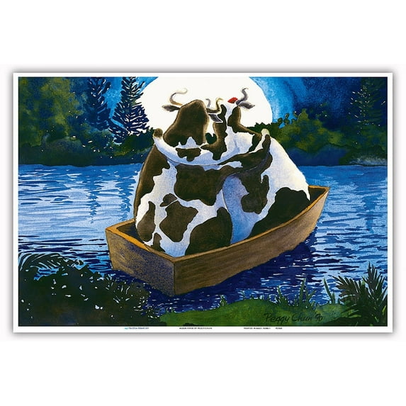 Moooon River - Two Hawaiian Cows in Love Gazing at Full Moon - From an Original Hawaii Watercolor Painting by Peggy Chun - Master Art Print (Unframed) 13in x 19in