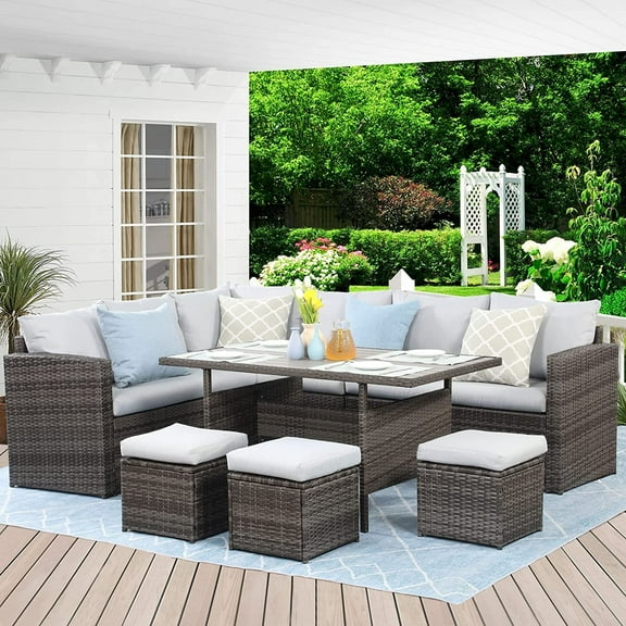 Moootto 7-Piece Modern Stainless Steel Patio Dining Sectional Sofa Set in Gray
