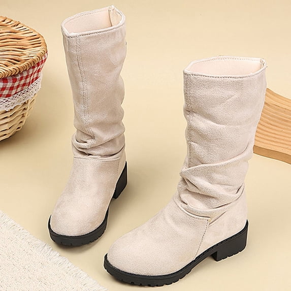 Mooqilaa Big Girls Riding Boots, Back Zipper Knee High Chunky Block Heel Fashion Fall Winter Shoes Beige Size 5 Big Kids