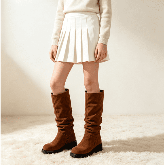 Mooqilaa Big Girls Riding Boots, Knee High Chunky Block Heel Back Zipper Fashion Fall Winter Shoes Brown Size 1 Big Kids