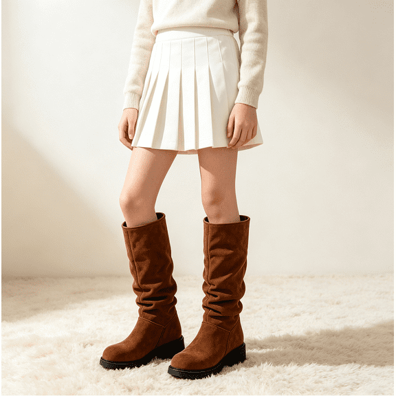 Mooqilaa Big Girls Riding Boots, Knee High Chunky Block Heel Back Zipper Fashion Fall Winter Shoes Brown Size 1 Big Kids