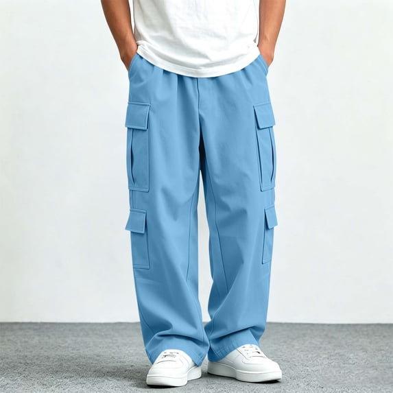 Mooqilaa Boys Cargo Pants, Multi-Pocket Relaxed Fit Elastic Waist Casual Straight Leg Pants Blue Size 12-13T
