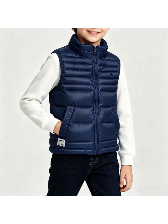 Boys Puffer Vests, Sleeveless Warm Stand-up Collar Winter Kids Outerwear Vests with Zipper Navy Size 5-6 T