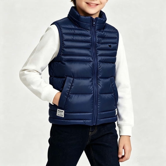 Mooqilaa Boys Puffer Vests, Stand-up Collar Warm Winter Sleeveless Kids Outerwear Vests with Zipper Navy Size 9-10 T