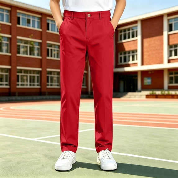 Mooqilaa Boys School Uniform Pants, Fall Flat Front Classic Fit Casual Straight Leg Pants Red Size 12-13 T