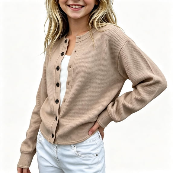 Mooqilaa Girls Cardigan Sweater, Ribbed Knit Button Front Casual Long Sleeve Fall Winter Cardigans Size 14-15 Years Khaki