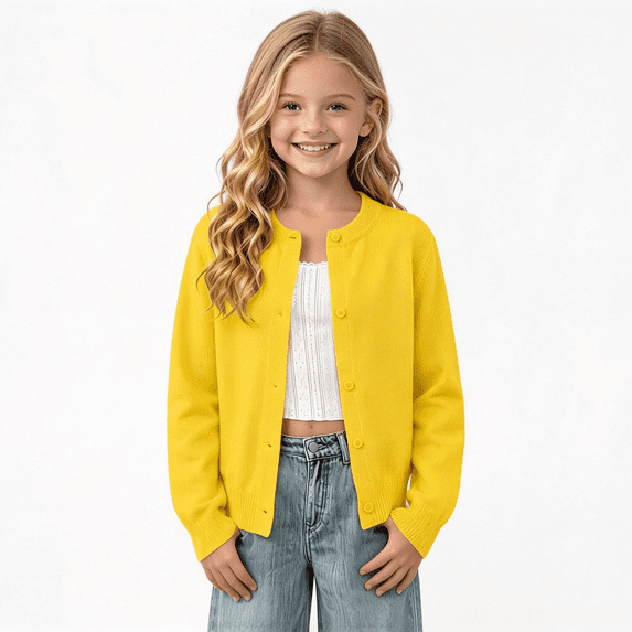 Mooqilaa Girls Cardigan Sweaters, Crewneck Long Sleeve Fall Lightweight Kids Knitted Cardigans Yellow Size 4-5 T