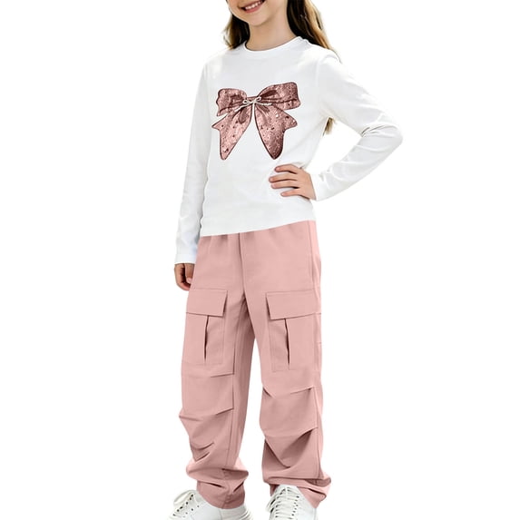 Mooqilaa Girls Fall Outfit Sets, 2 Piece Printed Long Sleeve Tops and Cargo Pants Girls' Clothing Sets Size 10-12 Pink