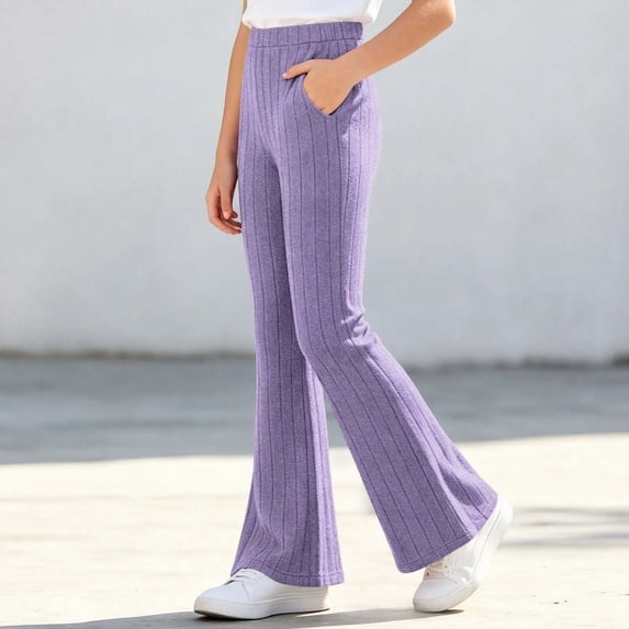 Mooqilaa Girls Flare Leggings Size 9-10 Years, Ribbed Knit Stretchy Casual High Waist Flare Pants Purple