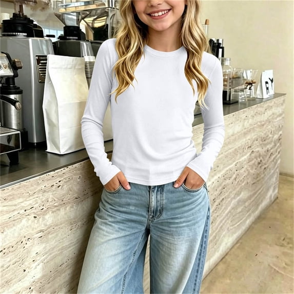 Mooqilaa Girls Long Sleeve Tops Size 3-4 Years, Summer Basic Crew Neck Casual Girls T-shirts White