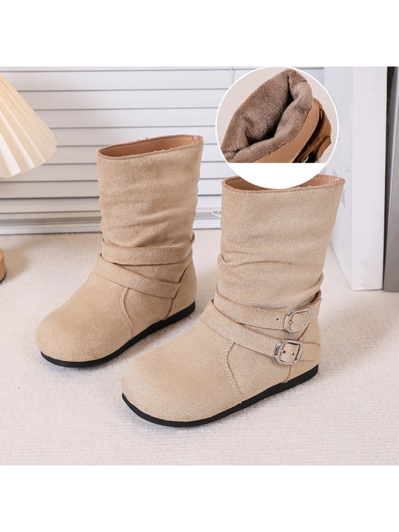 Girls Mid Calf Boots, Casual Non Slip Faux Suede Lightly Fleece‑Lined Fall Winter Shoes Beige Size 13.5 Big Kids