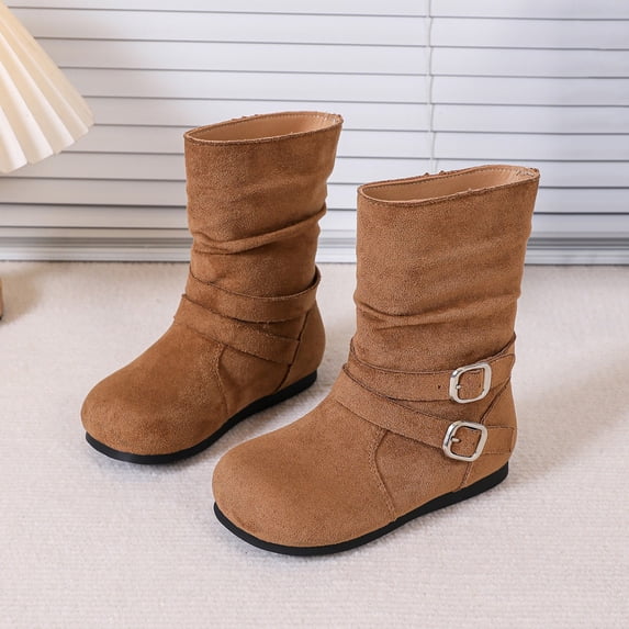 Mooqilaa Girls Mid Calf Boots, Faux Suede Lightly Fleece‑Lined Non Slip Casual Fall Winter Shoes Brown Size 1 Big Kids