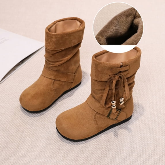 Mooqilaa Girls Mid Calf Boots, Faux Suede Lightly Fleece‑Lined Non Slip Outdoor Fall Winter Shoes Brown Size 12 Little Kids