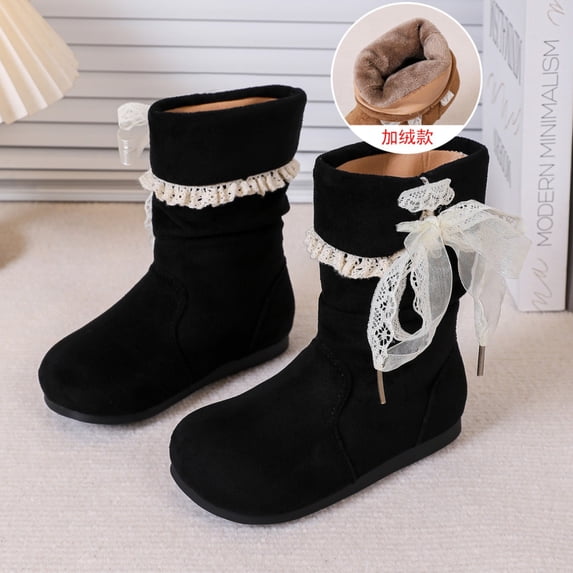Mooqilaa Girls Mid Calf Boots, Faux Suede Non Slip Lightly Fleece‑Lined Princess Fall Winter Shoes Black Size 13 Little Kids