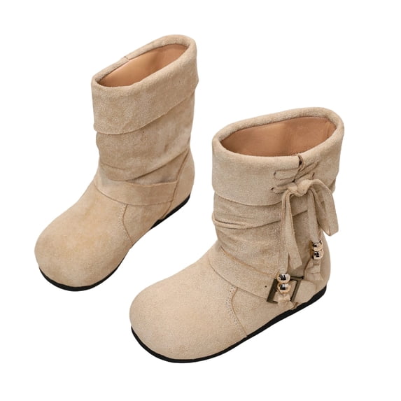 Mooqilaa Girls Mid Calf Boots, Faux Suede Non Slip Outdoor Lightly Fleece‑Lined Fall Winter Shoes Beige Size 2 Big Kids