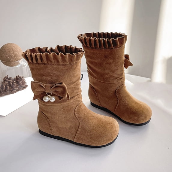 Mooqilaa Girls Mid Calf Boots, Faux Suede Soft Sole Lightly Fleece‑Lined Princess Fall Winter Shoes Brown Size 2 Big Kids