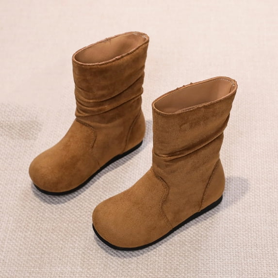 Mooqilaa Girls Mid Calf Boots, Non Slip Fashion Lightly Fleece‑Lined Faux Suede Fall Winter Shoes Brown Size 10 Little Kids
