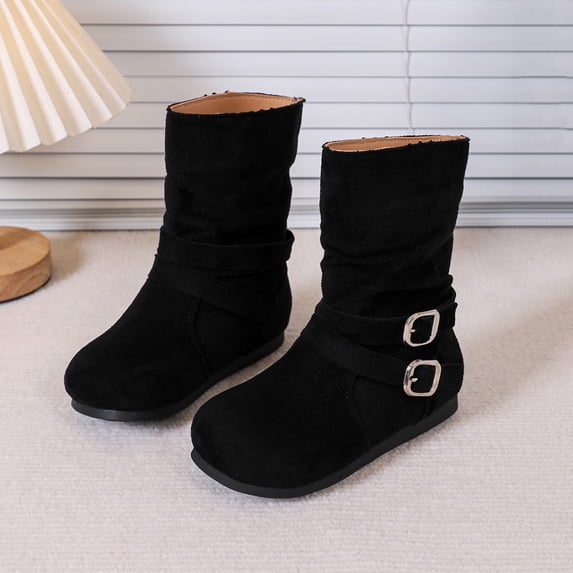 Mooqilaa Girls Mid Calf Boots, Non Slip Lightly Fleece‑Lined Faux Suede Casual Fall Winter Shoes Black Size 12 Little Kids