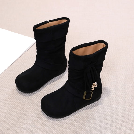 Mooqilaa Girls Mid Calf Boots, Outdoor Faux Suede Non Slip Lightly Fleece‑Lined Fall Winter Shoes Black Size 10 Little Kids