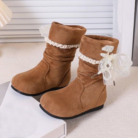Mooqilaa Girls Mid Calf Boots, Princess Faux Suede Non Slip Lightly Fleece‑Lined Fall Winter Shoes Brown Size 1 Big Kids