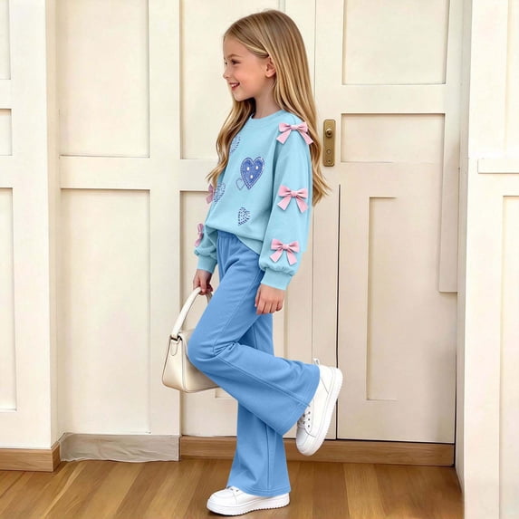 Mooqilaa Girls Outfit Sets, 2 Piece Long Sleeve Spring Fashion Girls Fall Clothing Sets Light Blue Size 7-8 T