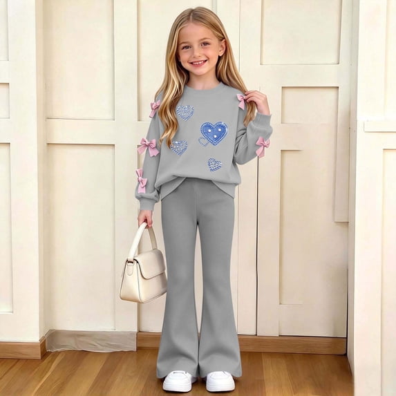 Mooqilaa Girls Outfit Sets, Fashion Long Sleeve Spring 2 Piece Girls Fall Clothing Sets Gray Size 5-6 T