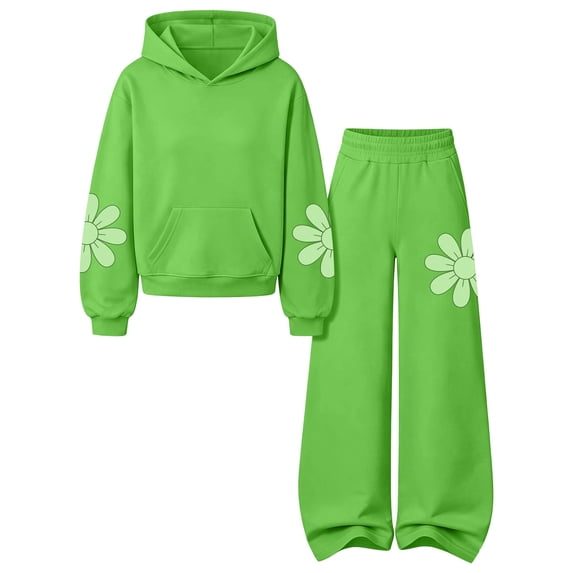 Mooqilaa Girls Outfit Sets Long Sleeve, 2 Piece Spring Fall Graphic Casual Girls Clothing Sets Size 14-15 Years Green