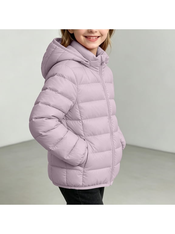 Girls Puffer Jackets, Lightweight Quilted Full Zip Casual Winter Outerwear with Hood Size 12-13 Years Purple