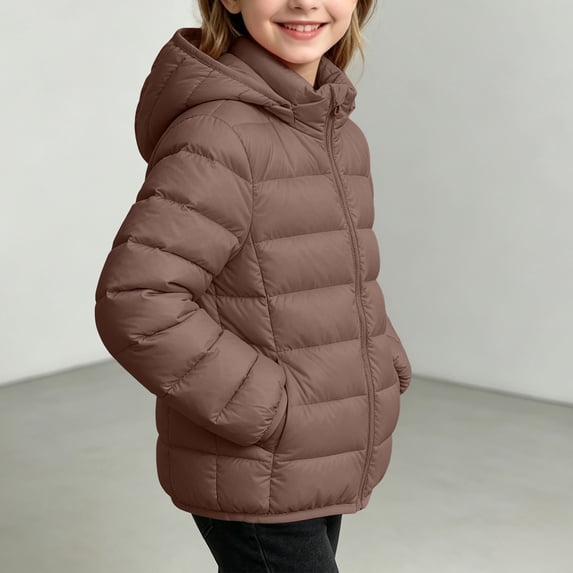 Mooqilaa Girls Puffer Jackets, Quilted Casual Lightweight Full Zip Winter Outerwear with Hood Size 12-13 Years Coffee
