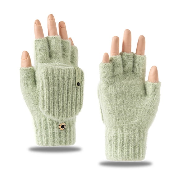 Mooqilaa Girls Winter Gloves Size 3-8 Years, Fingerless Warm Flip Top Outdoor Knitted Gloves for Cold Weather Green