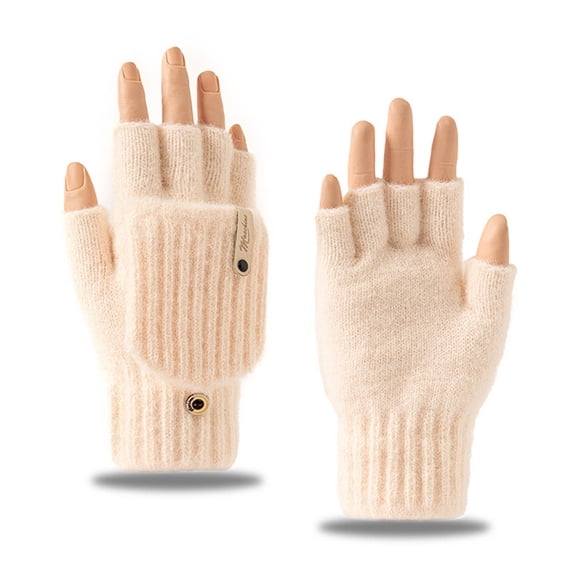 Mooqilaa Girls Winter Gloves Size 3-8 Years, Outdoor Flip Top Warm Fingerless Knitted Gloves for Cold Weather Beige