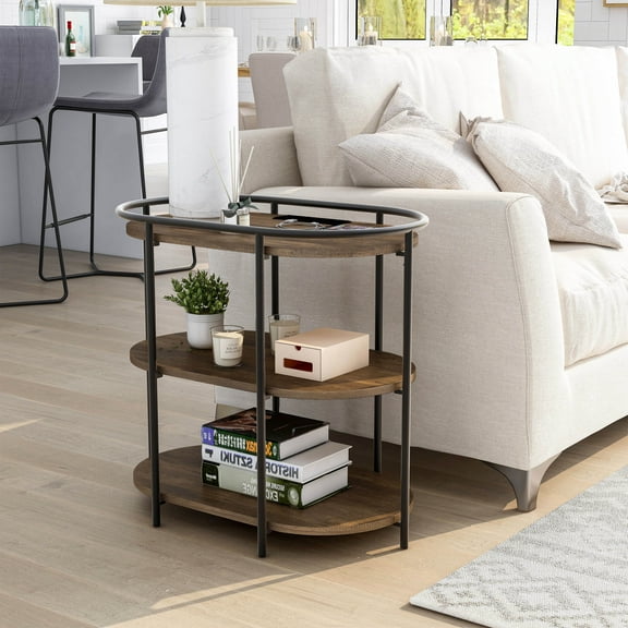 Moore 3-Shelf Metal Side Table with USB Port, Matte Black and Brown