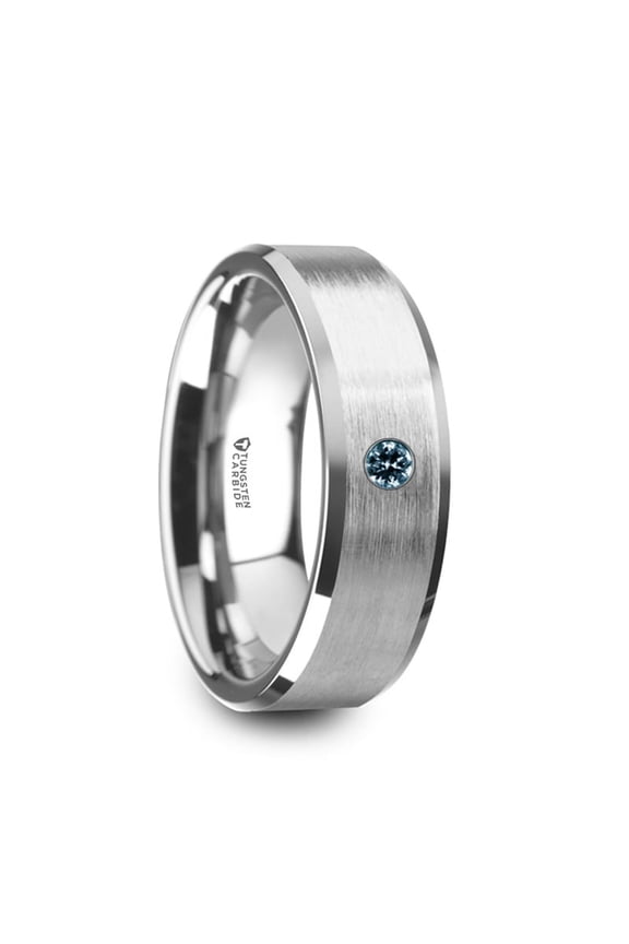 Moore Flat Brushed Center Polished Beveled Edges Mens Tungsten Wedding Band With Blue Diamond Setting