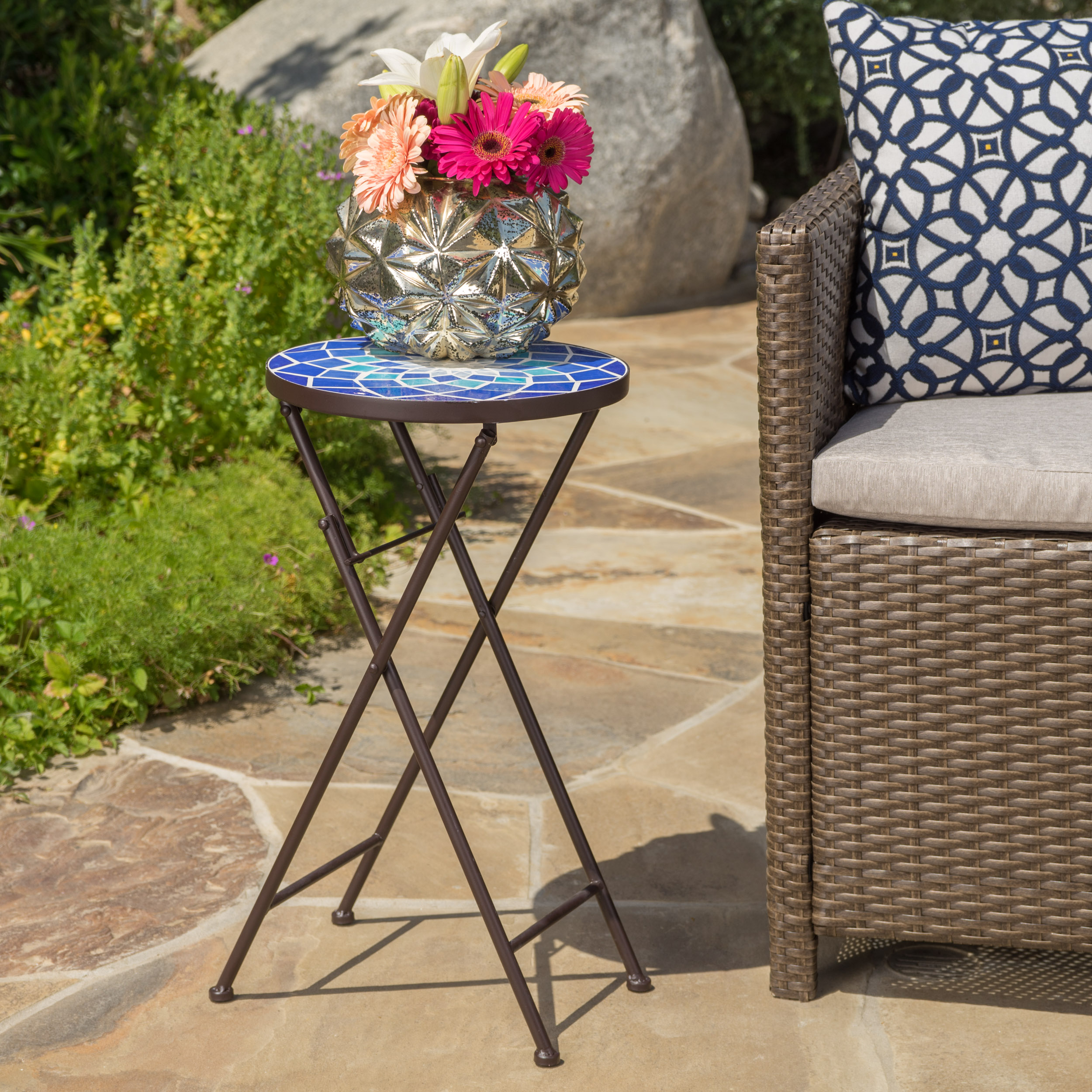 Moore Outdoor Glass Side Table with Iron Frame, Blue and White - image 1 of 2
